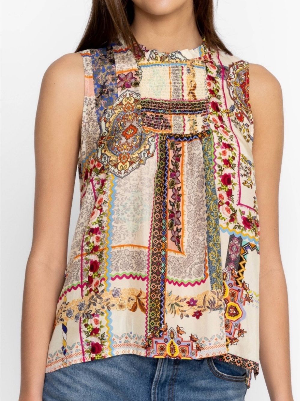 Johnny Was Stafano Ife Tank Multicolor Patchwork High Neck 100% Silk | XXS
